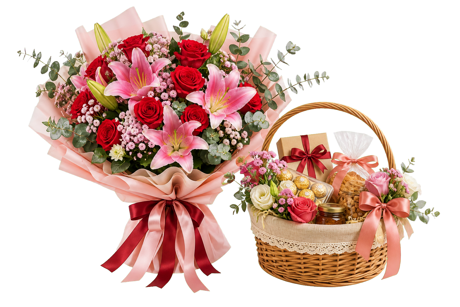 Large bouquet and curated gift hamper from Blooms & Beyond