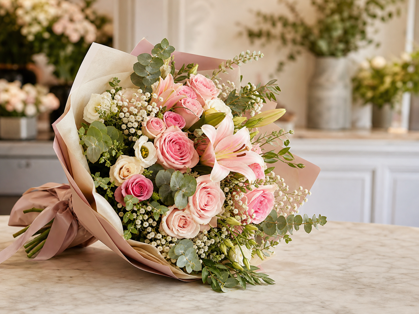 Fresh bouquet arranged in the Blooms and Beyond studio