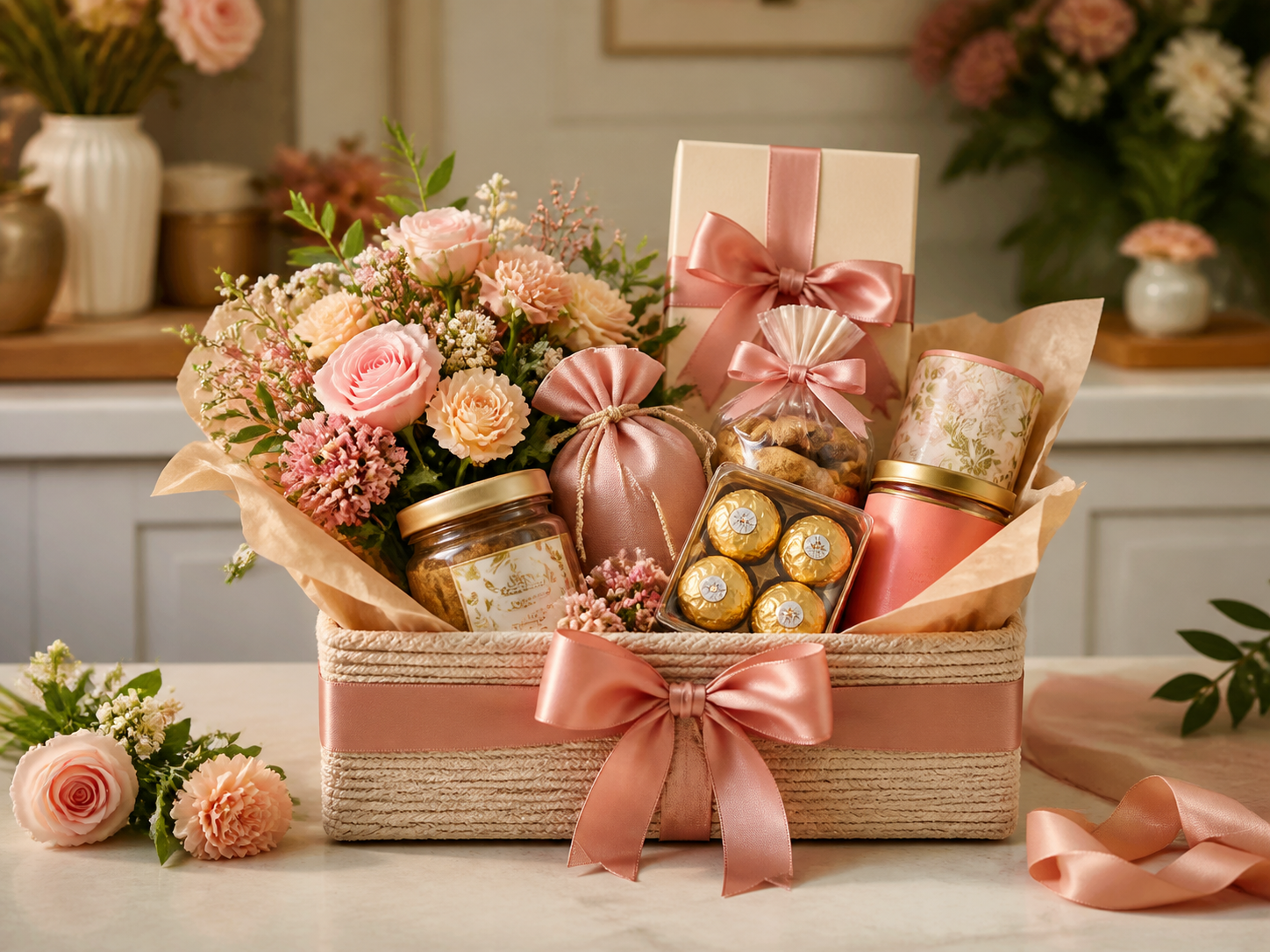 Curated gift hamper with flowers and treats