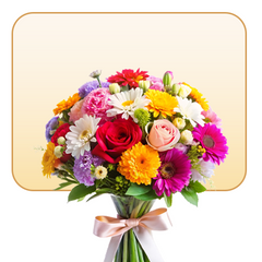 Three colorful flower bouquets in decorative wrapping displayed on a table with 'Flowers' text.