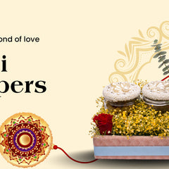 Rakhi hampers with flowers, sweets, rakhi bracelet, festive background and Shop Now button