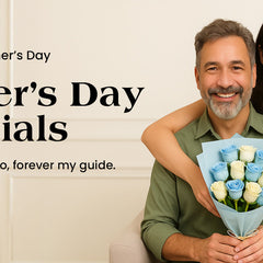 Father’s Day specials banner with smiling man holding blue roses, hugged by young woman