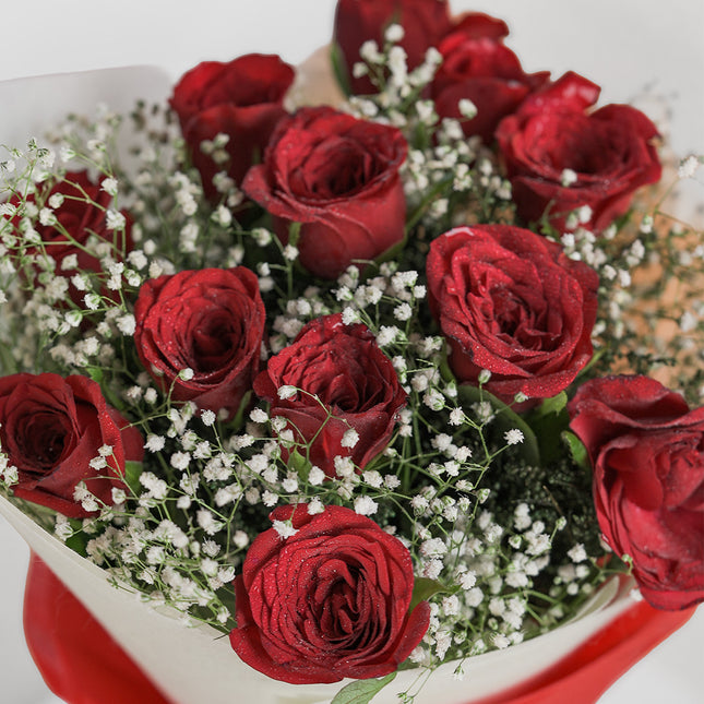 Bouquet of fresh red roses with baby's breath flowers on white background