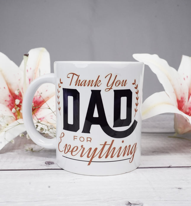 Thank you dad mug with lilies on wooden surface, Father's Day gift idea