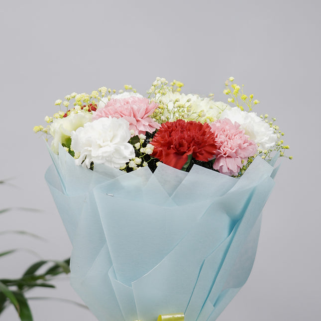 Colorful carnation bouquet with white, pink, and red flowers in blue wrapping paper