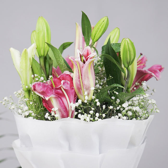 Bouquet of pink and white lilies with baby's breath and green leaves, wrapped in white paper