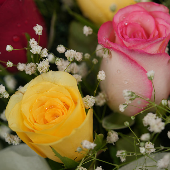 Close-up of mixed roses bouquet with yellow, pink, and red roses, accented by baby's breath flowers