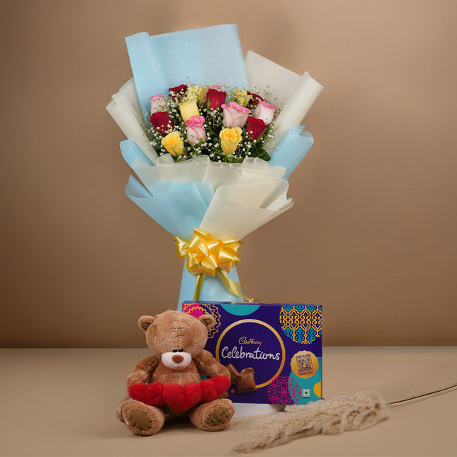 Rose Harmony with Chocolates and Teddy (Bunch of 15)