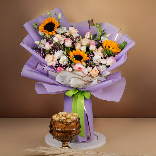 Sunflower & Rose Bliss Bouquet with Ferrero Rocher (T-8) Combo
