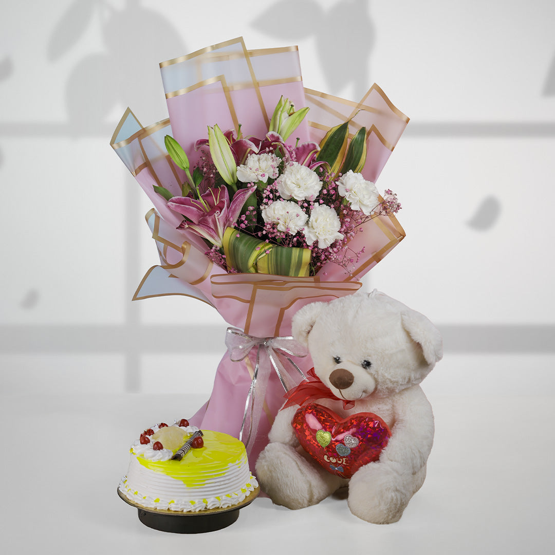 Blush Elegance – Flower, Cake & Teddy Combo